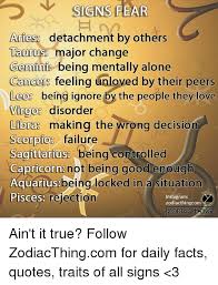 Check spelling or type a new query. Signs Fear Aries Detachment By Others Taurusa Major Change Gemini Being Mentally Alone Cancer Feeling Unloved By Their Peers Leo Being Ignore By The People They Love Virgo Disorder Libra Making The
