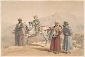 Lithograph titled 'Dost Mahomed Khan (Dost Mohammad Khan) and Part of His Family', by Emily Eden in 1841 (in Calcutta), published in 'Portraits of the Princes & People of India' in 1844,