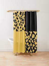 Shower Curtain With Bold Chequered Pattern With Black And Mustard Yellow Leaf Vines Bathroo Mustard Yellow Curtains Patterned Shower Curtain Yellow Curtains