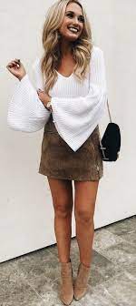 Winter Outfits White V Neck Long Sleeved Top And Brown Mini Skirt Fashion Winter Date Night Outfits Clothes