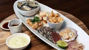 Steamed Miso Snapper Miso Poached Bugs Popcorn Shrimp King Fish Sashimi Oysters And Pan Seared Scollopsunde Masterchef Recipes Popcorn Shrimp Fresh Oysters