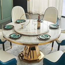 The combination of marble countertop with chrome. China Marble Top 1 6 Set White Round Dining Table Set With Leather Chair For Wedding Banquet China Hotel Furniture Round Table