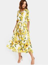 Cheap Lemon Print Belted Dress Lemon Print Dress Half Sleeve Dresses Belted Dress