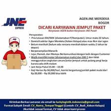 Jne memulai kegiatan usahanya yang terpusat pada penanganan kegiatan kepabeanan, impor kiriman barang, dokumen serta pengantarannya dari luar negeri ke indonesia. Lowongan Lowongan Kerja Pegawai Agen Jne Express Bogor 2021