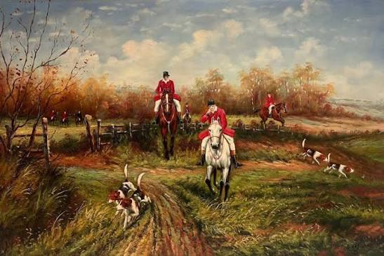 Unknown - Very Large Classic British Fox Hunting Country Landscape Signed Oil Painting at 1stDibs