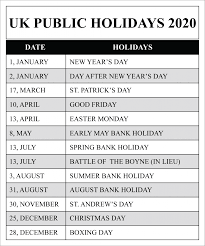 Upcoming bank holidays in england and wales 2021. Uk Public Holidays 2020 Calendar Uk Holidays 2020