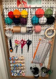 Whether its a pegboard for scrapbooking, knitting, sewing or even painting. She S Crafty Pegboard Craft Room Storage With Vintage Yardsticks