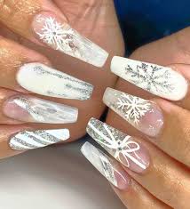 Beautiful Long Coffin Shaped White Winter Nails With Silver Glitter Snowflakes Winter Nails Acrylic Acrylic Nail Set Christmas Nails Acrylic Have you ever seen christmas nail art that looks so perfect with gold jewelry.