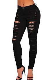 Black Denim Destroyed High-waist Skinny Jeans Womens Ripped Jeans Cheap Skinny Jeans Black Ripped Jeans