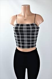 Black And White Plaid Tank Top Hailey Crop Top Black White Plaid Square Neck Tank Crop Top In 2020 Crop Tops Buy Crop Tops Tops