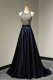 Black And Dark Blue Prom Dress Black Satins Sequins Beading Halter A Line Long Dress Princess Floor Length Formal Dress Halter Prom Dresses Backless Prom Dresses Evening Dresses Prom