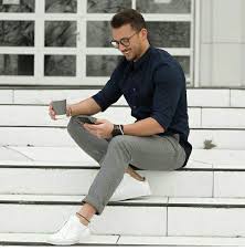 Mood Of Today To Feel Good Wear Comfort Men Wears Grey Pants Navy Blue Shirt White Vans Happy Str Mens Outfits Mens Fashion Casual Mens Casual Outfits