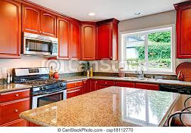 The color is a reddish brown but is hickory kitchen cabinets. Bright Kitchen Room With Cherry Wood Storage Combination Light Tones Kitchen Room With Cherry Wood Cabinets Marble Counter Canstock