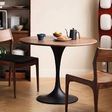 Simplistic Natural Color Orbicular Standard Table Height Dining Table with a Rubberwood Fixed Table Top and Tulip Base for 2 People, Natural, Without Chairs, 27.6"L x 27.6"W x 29.1"H