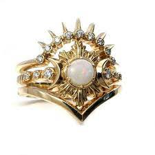 Opal Fire Moon Ring Diamond And Yellow Gold Celestial Etsy In 2021 Celestial Engagement Ring Titanium Wedding Rings Diamond Rings