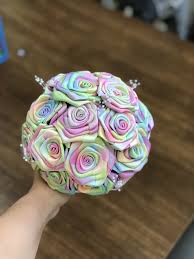 Bride Bridesmaid Flower Girl Wedding Bouquet Pastel Rainbow Satin Rose Artificial Flowers Rose Bridal Bouquet Pastel Rainbow Satin Roses