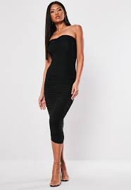 Black Extreme Ruched Bandeau Midi Dress With Images Midi Dress Bodycon Dresses Strapless Midi Dress