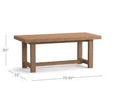 73 wide x 33 deep x 30 high overall extended: Reed Extending Dining Table Pottery Barn