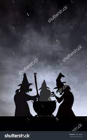 Three witches gathering to brew magic potion in a cauldron on Halloween  night. | Three witches, Witch, Illustration