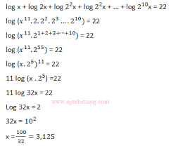 Maka, log 25 + log 5 + log 80 = log (25 x 5 x 80) = log 10000 = log 104 = 4. Contoh Soal Dan Pembahasan Tentang Logaritma Sma Ajar Hitung