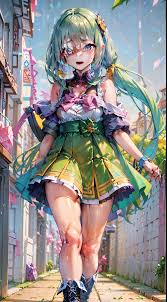 Anime girl in green dress walking down a street with a cat on her shoulder  - SeaArt AI