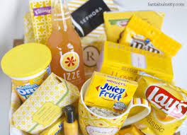 You can also theme your box or basket. Box Of Sunshine Gift Ideas Gift Baskets Of All Things Yellow Fantabulosity