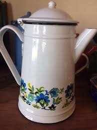 Large Vintage White Enamel Metal Teapot With Painted Blue White Enamel White Vintage Tea Pots