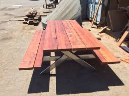 Old Growth Redwood Picnic Table With Attached Benches And 1 X4 Box Tubing Base Sanded Picnic Table Reclaimed Wood Table Table