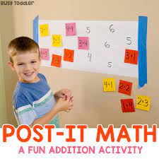 Set up ten bowling pins (or cups) and use a ball to knock some down. Post It Math Activity For Teaching Addition Busy Toddler