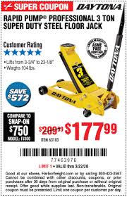 Daytona 3 Ton Low Profile Super Duty Rapid Pump Floor Jack For 177 99 In 2020 Harbor Freight Tools Low Profile Coupon Book