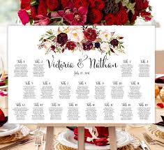 Wedding Seating Chart Poster Burgundy Red Blush Pink Marsala Romantic Blossoms
