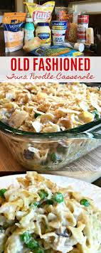 Old fashioned tuna noodle casserole (rave reviews) egg noddles in a delicious creamy mushroom soup sauce tossed with tuna, sauteed onions, peas and cheddar cheese, topped with crushed potato chips then baked to perfection…just like grandma used make. The Best Old Fashioned Tuna Noodle Casserole Recipes Tuna Noodle Casserole Easy Casserole Recipes