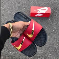 Black And Gold Nike Slides Ironman Nike Benassi Swoosh Golden Check Slides Size Up One For Men Down One For Women Nike Shoes Women Nike Slippers Nike Free Shoes