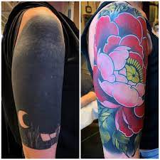 Covered Up Jennifer S Black Quarter Sleeve With This Pink And Red Peony This Is Two Sessions I Cover Up Tattoos Black Tattoo Cover Up Cover Up Tattoos For Men