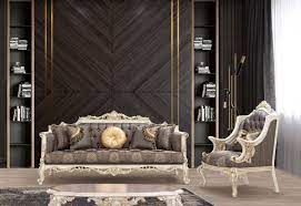 The designer then chose beige accents like the area rug, pillows, throw and lampshades for added depth and interest. Casa Padrino Luxury Baroque Living Room Set Gray Brown White Gold Silver 2 Sofas 2 Armchairs 1 Coffee Table Handcrafted Baroque Living Room Furniture Noble Magnificent