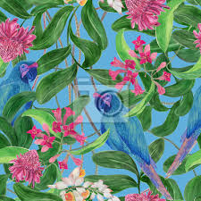 Affordable and search from millions of royalty free images painting magnolia flower wallpaper. Watercolor Painting Seamless Pattern With Tropical Leaves Flowers Wall Mural Murals Fabric Hand Drawn Blue Myloview Com