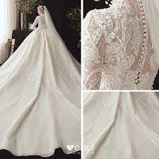 Chinese Style Muslim Champagne Lace Wedding Dresses 2020 Ball Gown High Neck Long Sleeve Appliques Lace Beading Pearl Chapel Train Ruffle Champagne Wedding Dress Lace Wedding Dresses Ball Gowns Wedding
