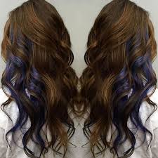 Dark Muted Blue In Dark Hair Copper Brown Hair Hair Color Pastel Peekaboo Hair