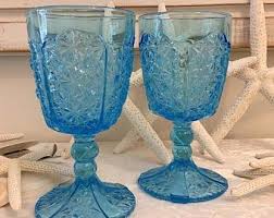 Vintage L E Smith Moon And Stars Wine Water Clear Goblets Etsy Colored Glassware Antique Glassware Glass
