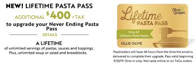 Today Only Buy An Olive Garden Lifetime Pasta Pass Or A 9 Week Pasta Pass Running With Miles