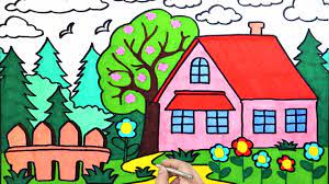 How to draw house with garden for kids. How To Draw House Garden Sky Flowers Easy Coloring Pages For Kids Art Lessons For Kids Youtube