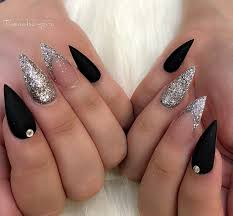 Black And Silver Glitter Acrylic Nails Stiletto Nails Black And Silver Nails Silver Glitter Nails Nails With Rhinestones Matte Nails Acrylic Silver Glitter Nails Silver Nails Stiletto Nail Art