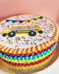 School Bus And Rainbow Ruffles Cake By 2tarts 2tartsbakery Buttercream Ruffles Rainbow Schoolbuscake Nbtx Bus Cake School Bus Cake Teacher Birthday Cake