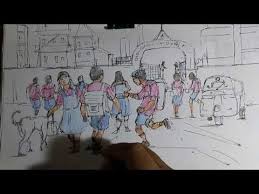 Memory Drawing School Going Children How To Draw Scenery School Going Children For Kid Youtube Childrens Drawings Elementary Drawing Drawing School