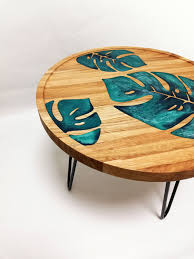 Epoxy resin round wooden side table. Monstera Deliciosa Coffee Table Epoxy Resin Decorative Etsy Wood Resin Table Resin Furniture Resin Table