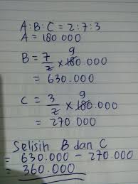 Jika jumlah uang mereka bertiga adalah 43.000. Perbandingan Uang A B C 2 7 3 Jika Uang A Rp 180 000 00 Maka Selisih Uang B Dan C Adalah Brainly Co Id