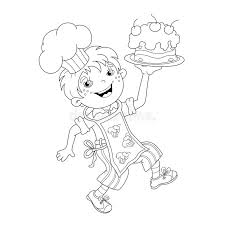 Chef dressed in a cap; Coloring Page Outline Of Cartoon Boy Chef With Cake Stock Vector Illustration Of Menu Outlined 71826353