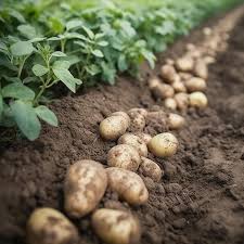 Premium AI Image | Potatoes are laid out in a row on the ground and the green plants are growing in the background.