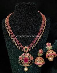 One Gram Gold Necklace With Pink Stones South India Jewels Gold Jewelry Fashion Jewelry Design Necklace Ruby Necklace Designs