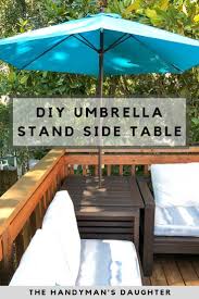 Diy Umbrella Stand Side Table With Free Plans In 2020 Outdoor End Tables Outdoor Umbrella Stand Patio Umbrella Stand